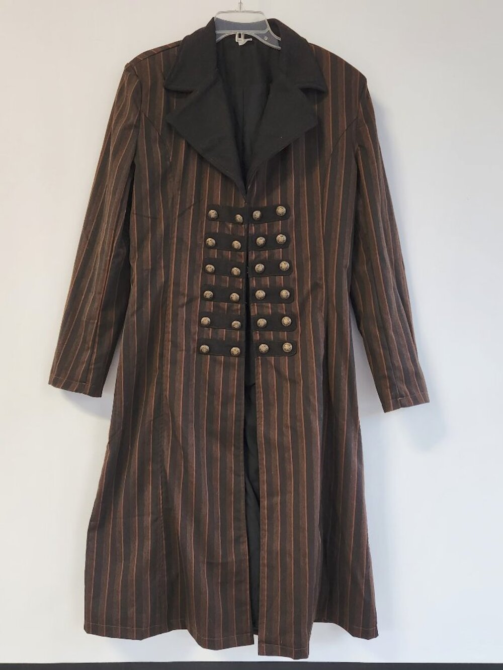 Spirt Steampunk Victorian Military Duster Coat Black Brown Pinstripe Button Fron